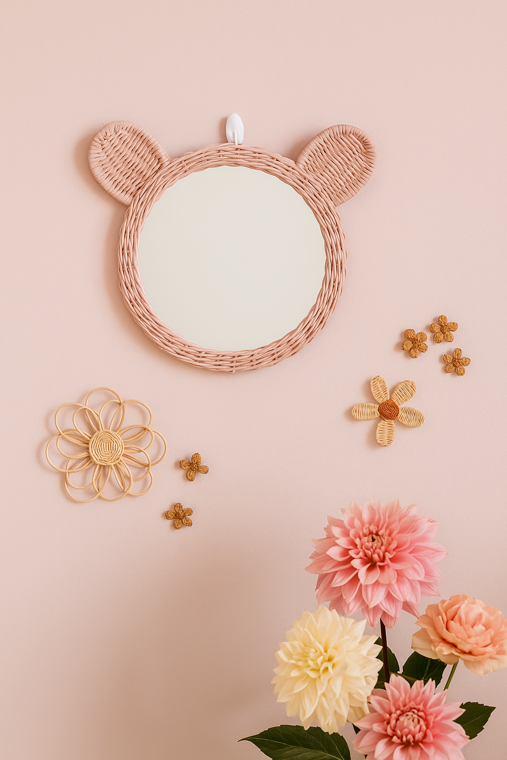 Pink Rattan Teddy Bear Wall Mirror