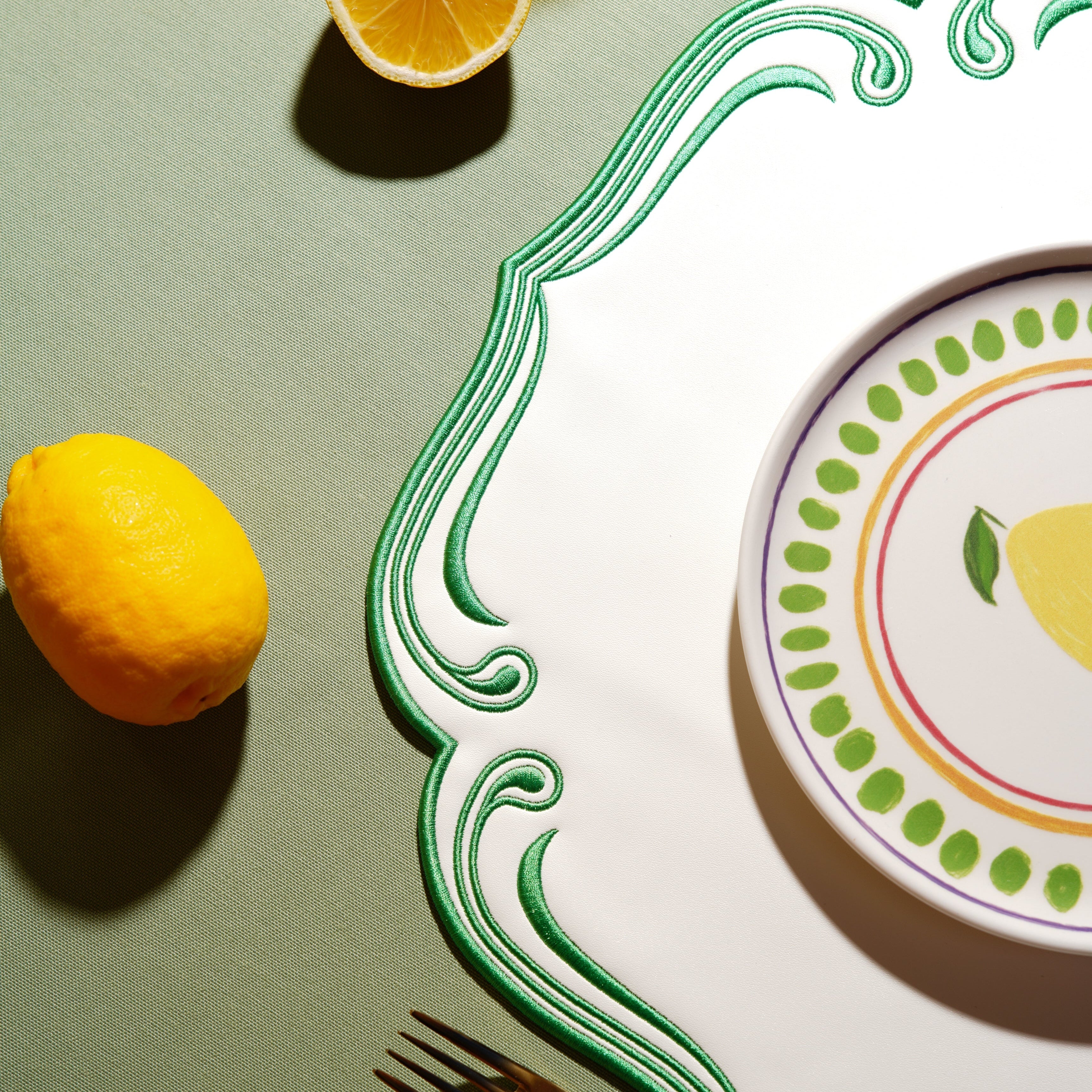 ROYAL WHITE GREEN TRIM SQUARE FAUX LEATHER PLACEMAT (Set Of 4)