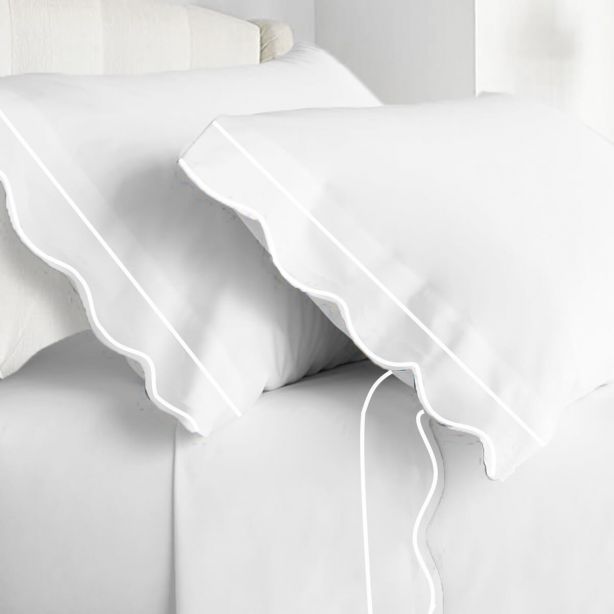 400TC Cotton Scallop Embroidery & Border Sateen Solid Sheet Set