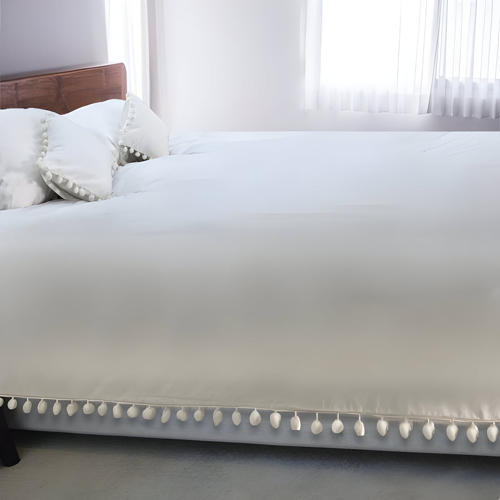 400TC Cotton Pom Fringe Sateen Solid Tone Boho Duvet Cover Set