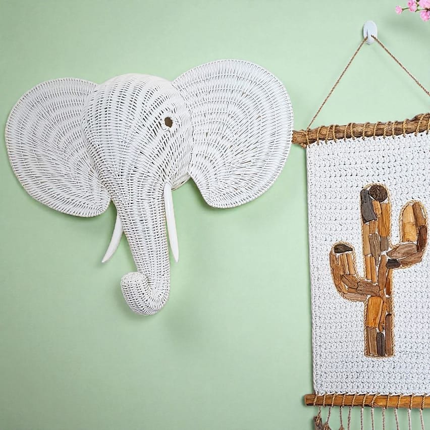 Natural & White Rattan Elephant Wall Decor