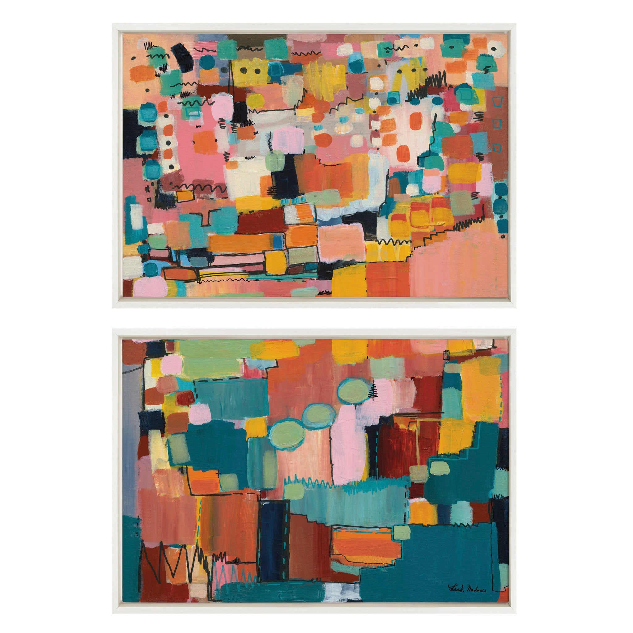 Sylvie Sunset Fiesta Set No 1 and Sunset Fiesta Set No 2 Framed Canvas Set by Leah Nadeau