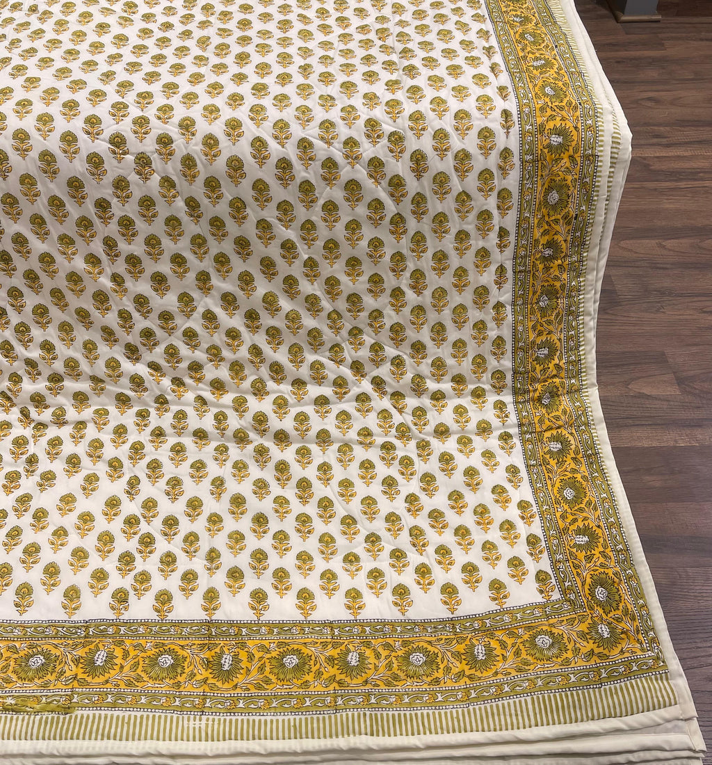 Cream & Mustard Yellow Floral Jaipur Indian Hand Block Print Quilted Comforter
