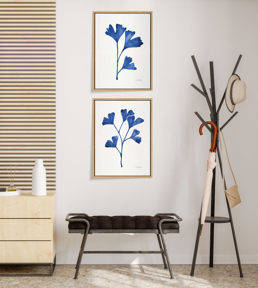 Sylvie Navy Ginkgo and Navy Ginkgo Trio Framed Canvas by Cat Coquillette