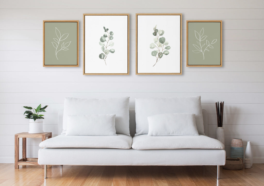 Sylvie Eucalyptus 4a, Eucalyptus 4b and Modern Sage Green Botanical Line Sketch Print 1 and 3 Framed Canvas Art Set by Various Artists