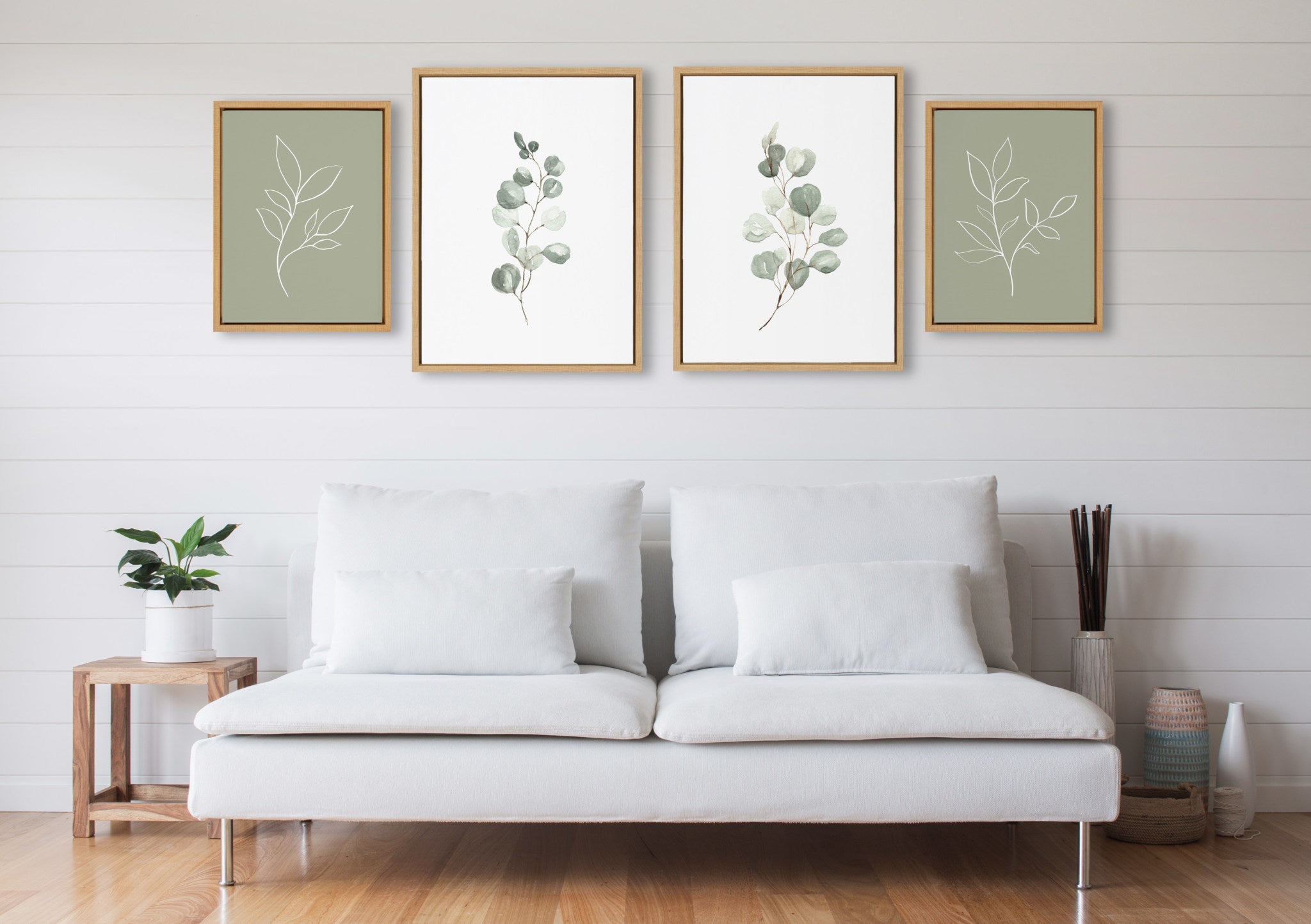Sylvie Eucalyptus 4a, Eucalyptus 4b and Modern Sage Green Botanical Line Sketch Print 1 and 3 Framed Canvas Art Set by Various Artists