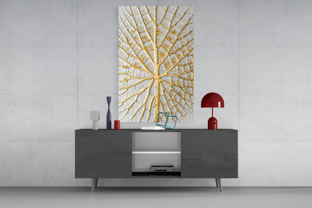 Gold Leaf Veins on White Glass Wall Art
