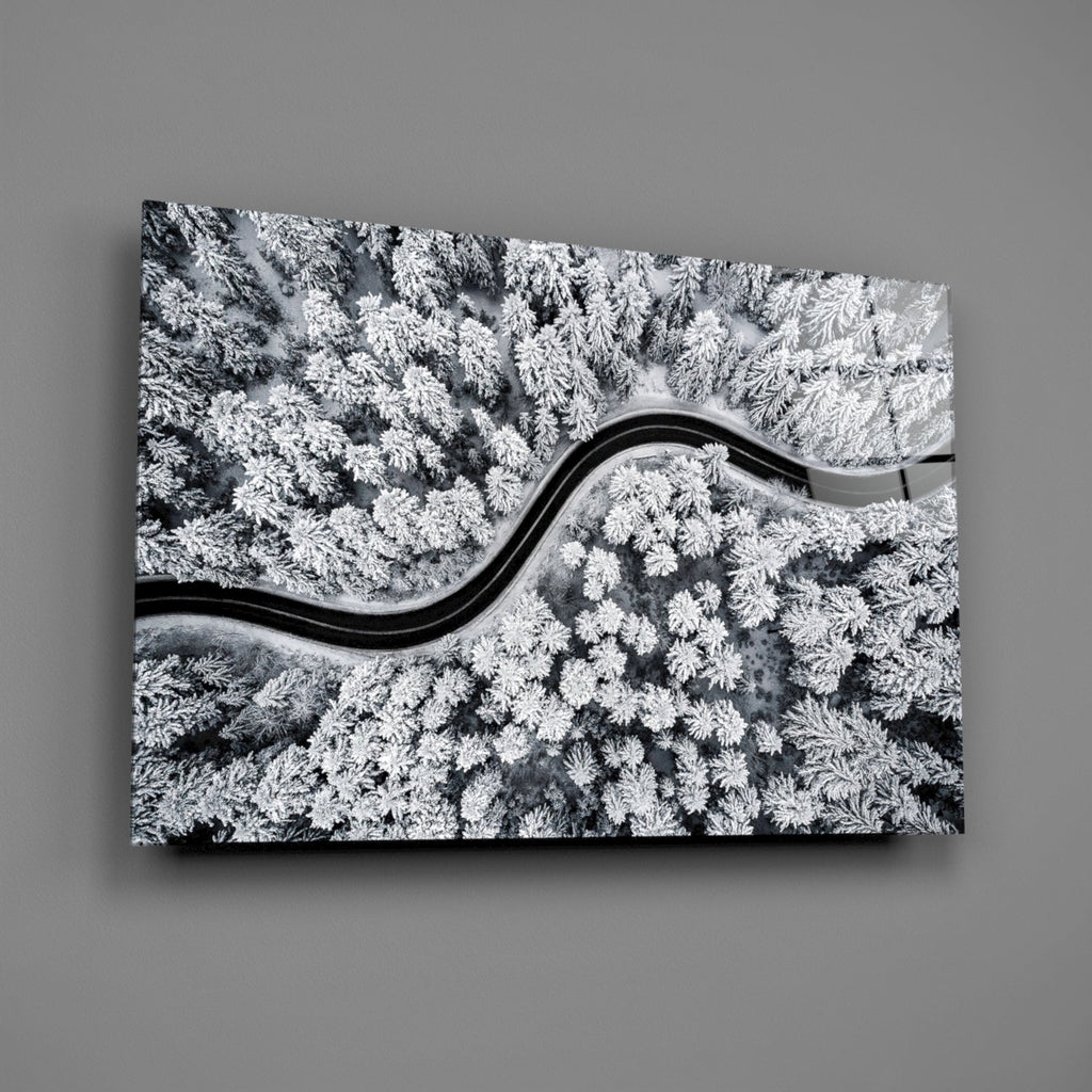 Aerial Snowy Forest Winding Road Glass Wall Art