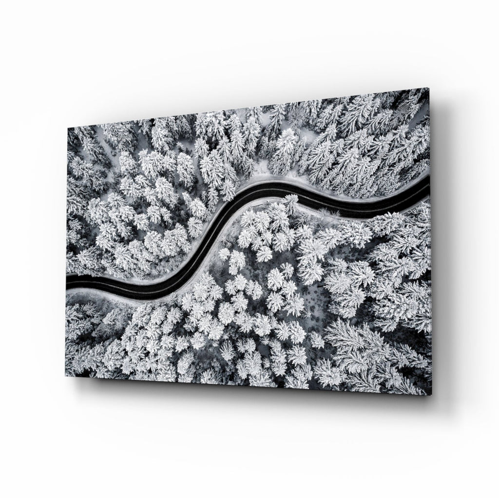 Aerial Snowy Forest Winding Road Glass Wall Art