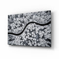 Aerial Snowy Forest Winding Road Glass Wall Art