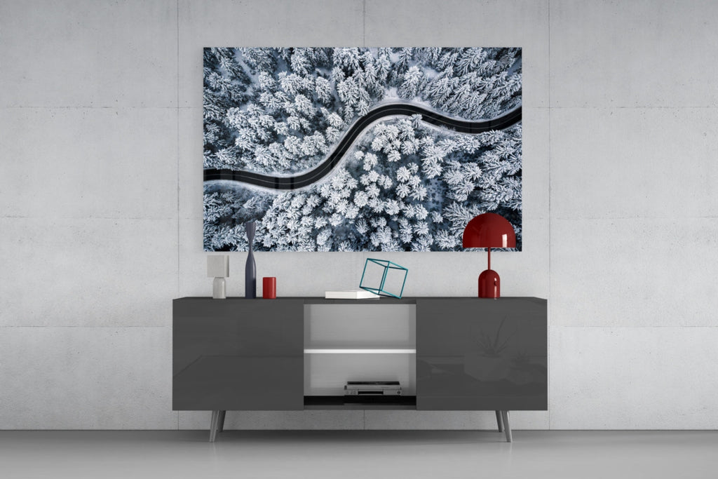 Icy Blue Aerial Snow Forest Road Glass Wall Art