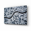 Icy Blue Aerial Snow Forest Road Glass Wall Art