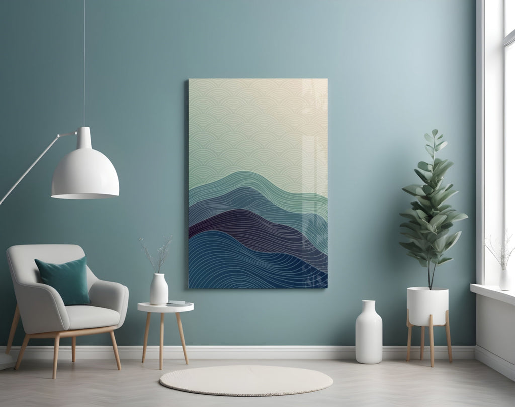 Line Art Waves Blue Teal Glass Wall Art