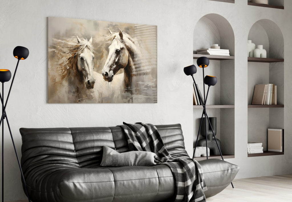 Two White Horses Beige Glass Wall Art